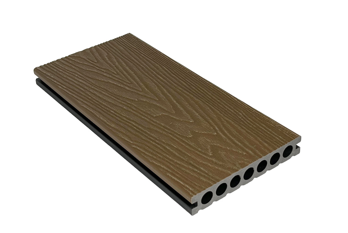 WPC Vlonderplank dubbelzijdig Golden Teak – Rond Holprofiel, 3D Dragon Houtstructuur vs. vlak